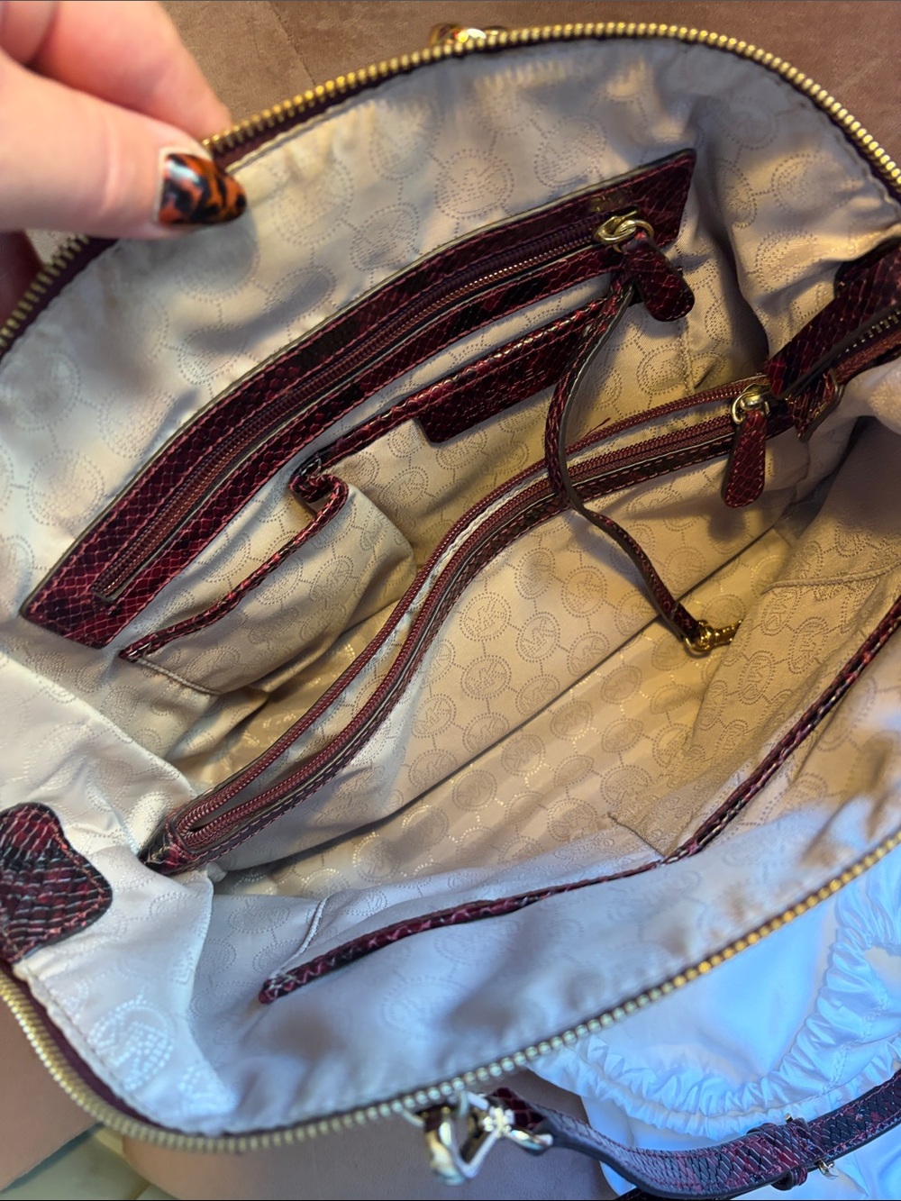 Michael Kors Burgundy Python Embossed Satchel Bag | Excellent Condition - Picture 3 of 8